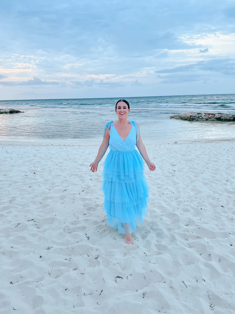 Mare Tiered Blue Tulle Midi Dress | Confête