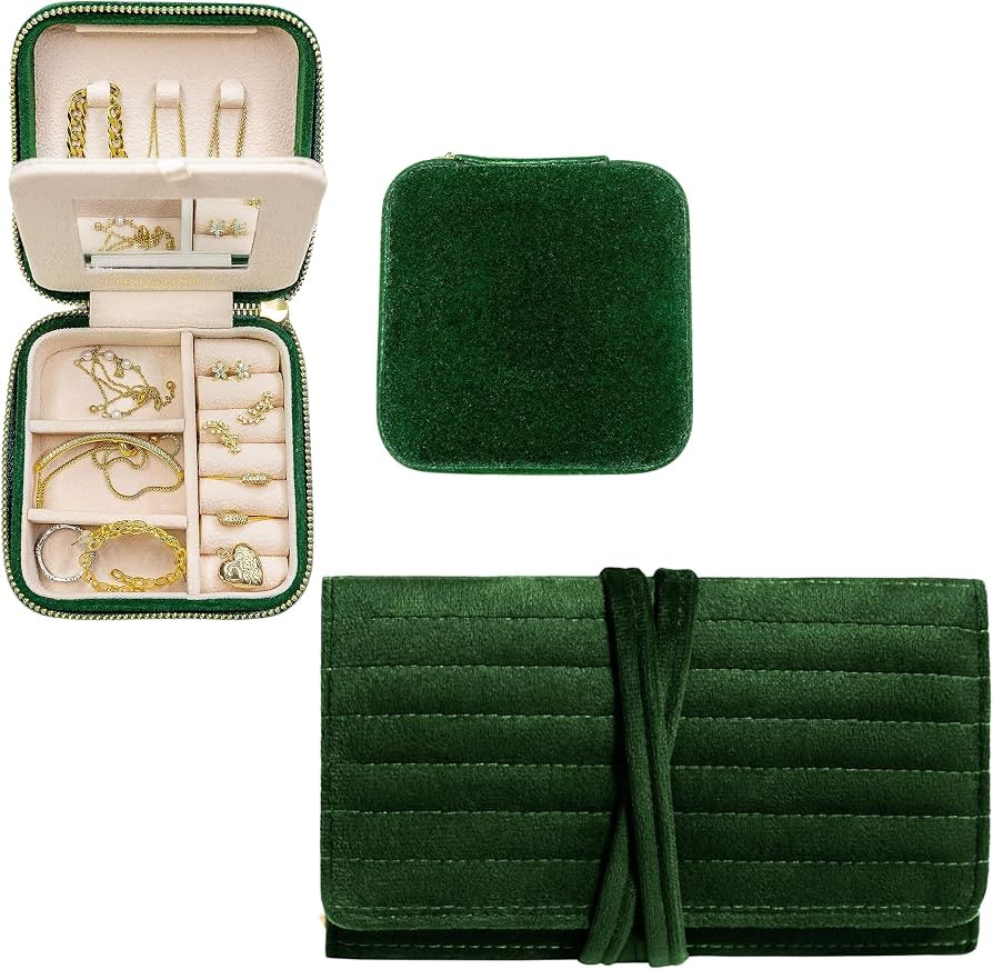 Benevolence LA Emerald Plush Velvet Travel Jewelry Box Organizer & Jewelry Roll | Travel Jewelry ... | Amazon (US)