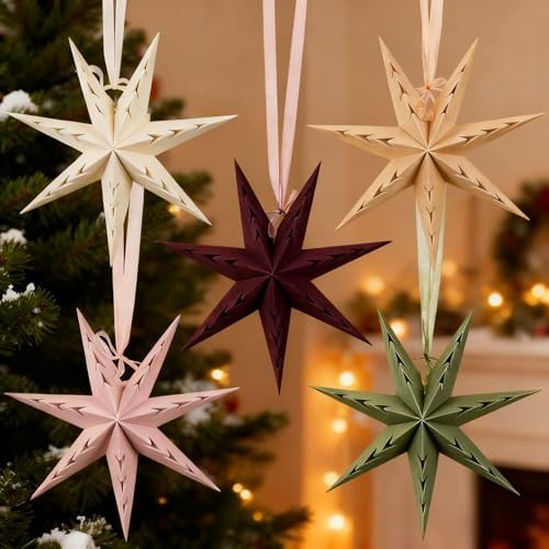 5PCS Flocked Paper Star Lantern - 12 inch Hanging Velvet Christmas Paper Star Lampshade 7 Points ... | Amazon (US)