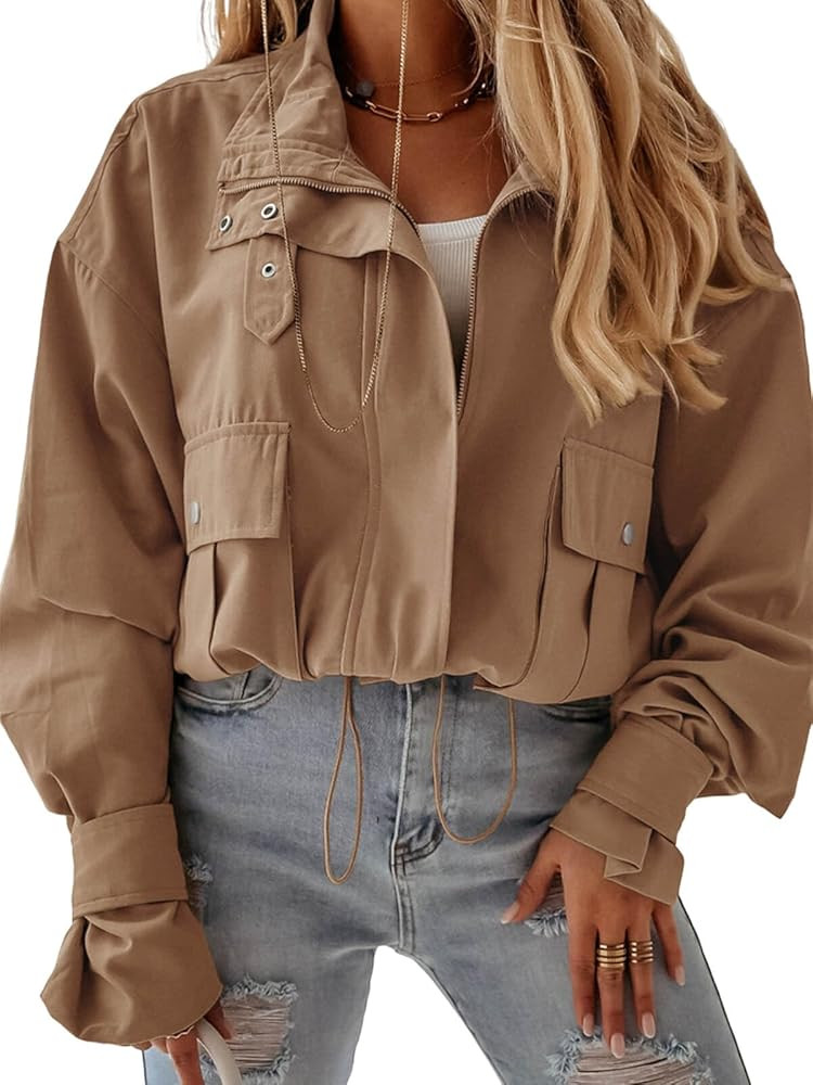 Tankaneo Womens Cropped Bomber Jacket Long Sleeve Zip Up Casual Coats Loose Fit Outerwear with Po... | Amazon (US)