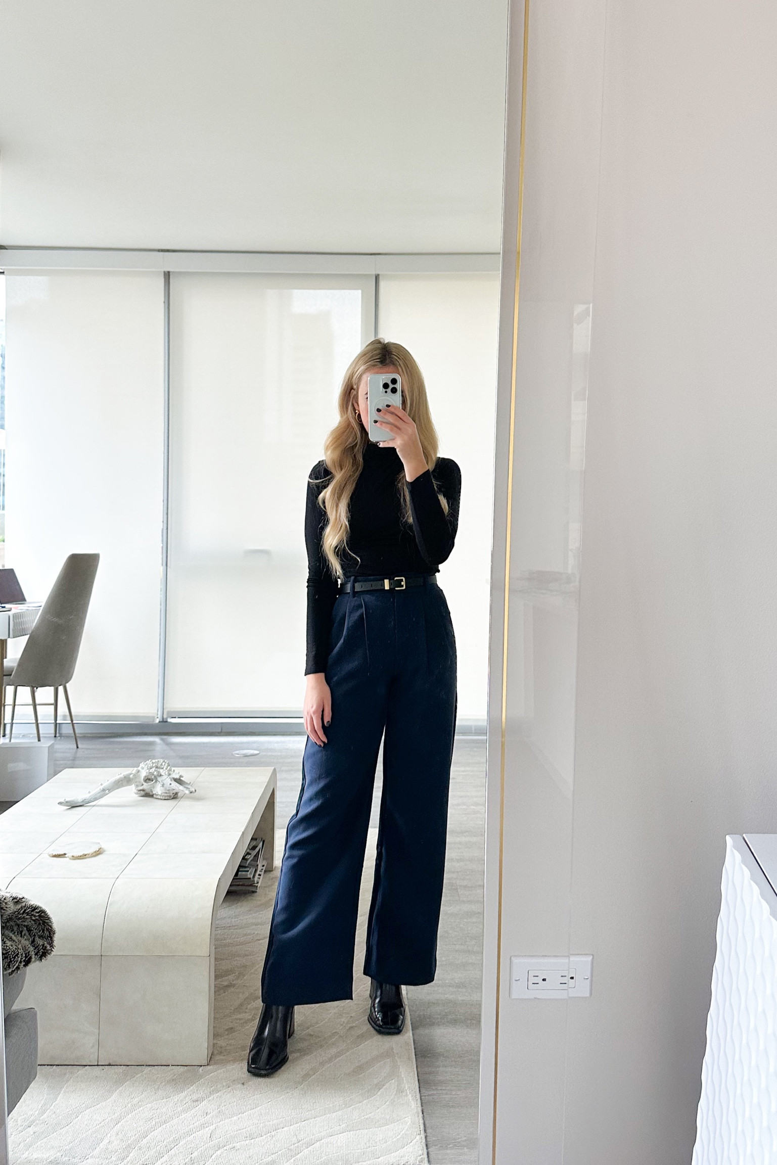 Winter Workwear Outfit: Winter Office Outfit 
* also linked other navy trouser / workwear pants 

Mixing  navy and black 
Petite pants
Petite workwear
Abercrombie sloane pants
High waisted trouser
Black boots
gold hoop earrings
gold teardrop studs 
workwear for winter#LTKHoliday 

#LTKworkwear 

#LTKFindsUnder100 #LTKSeasonal #LTKWorkwear