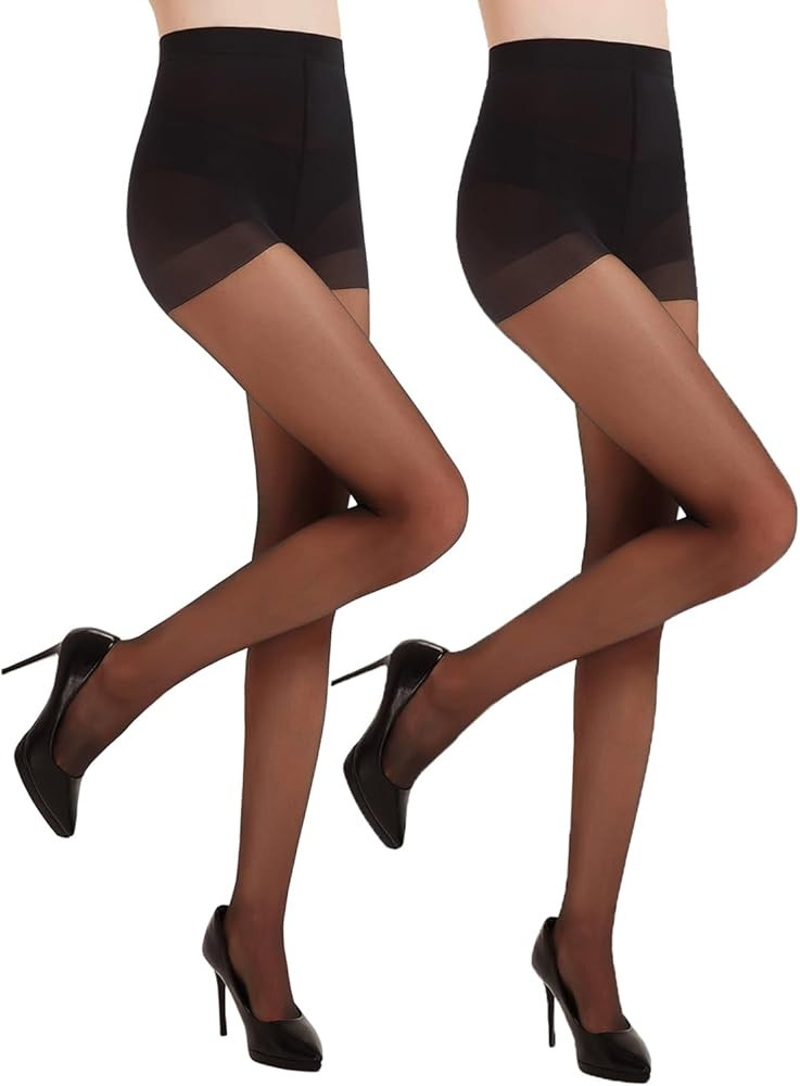 2 Pairs Women's Black Sheer Tights - Non Rip Silky Control Top Pantyhose for Reinforced Toes - Sm... | Amazon (US)