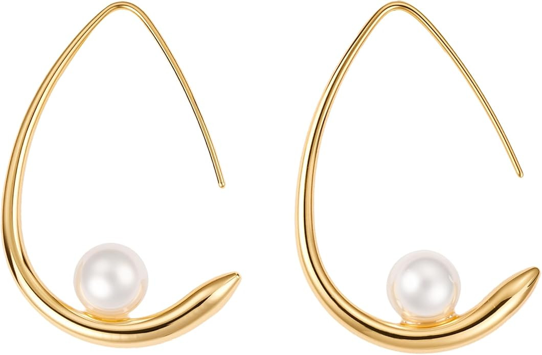 Tear Drop Hoop Earrings for Women 18k Gold Plated Lightweight Pearl Dangle Drop Earrings Elegant ... | Amazon (US)
