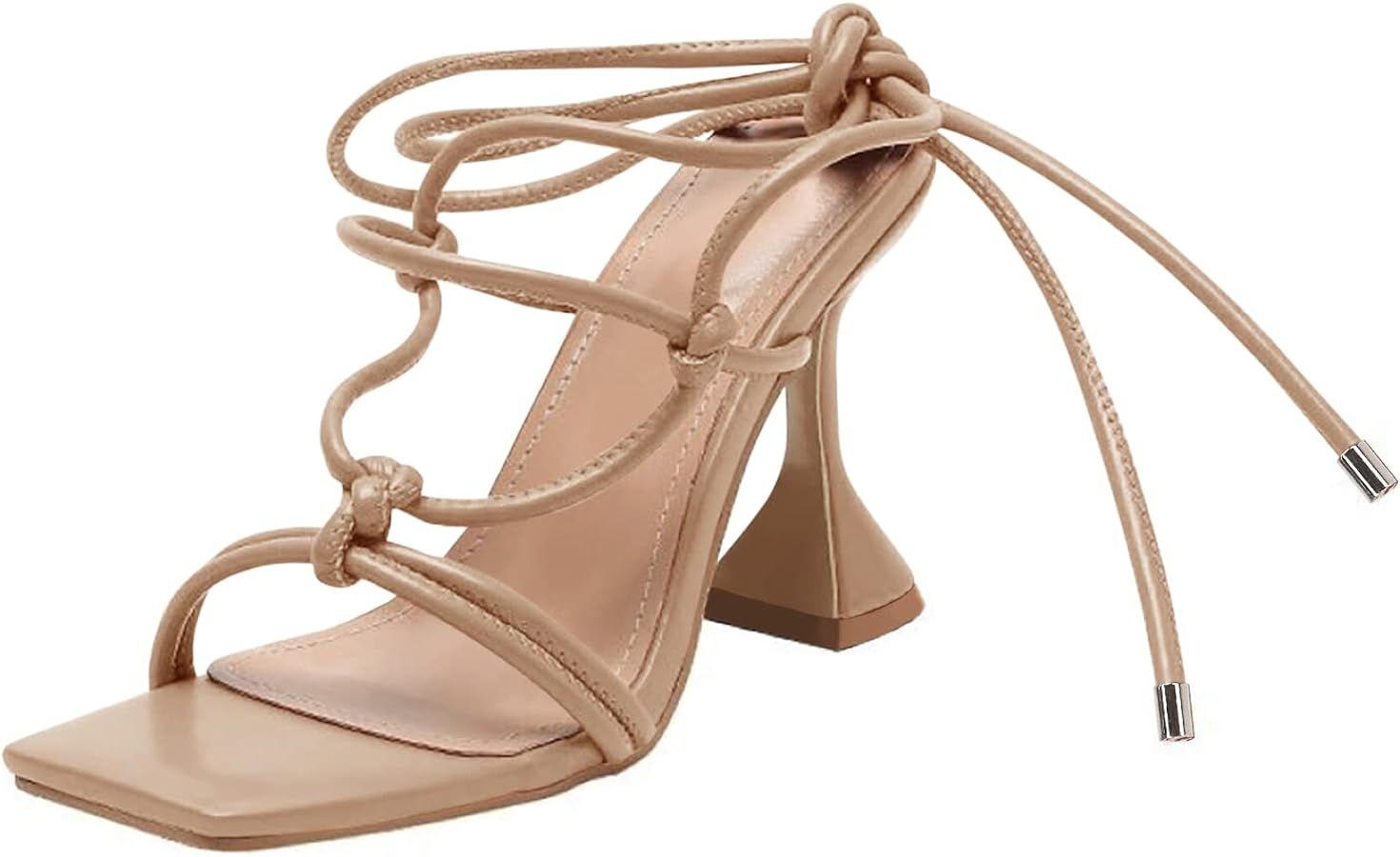 Coutgo Women's Lace Up Heels Gladiator Square Open Toe Dressy Stilettos Strappy Comfortable Summe... | Amazon (US)