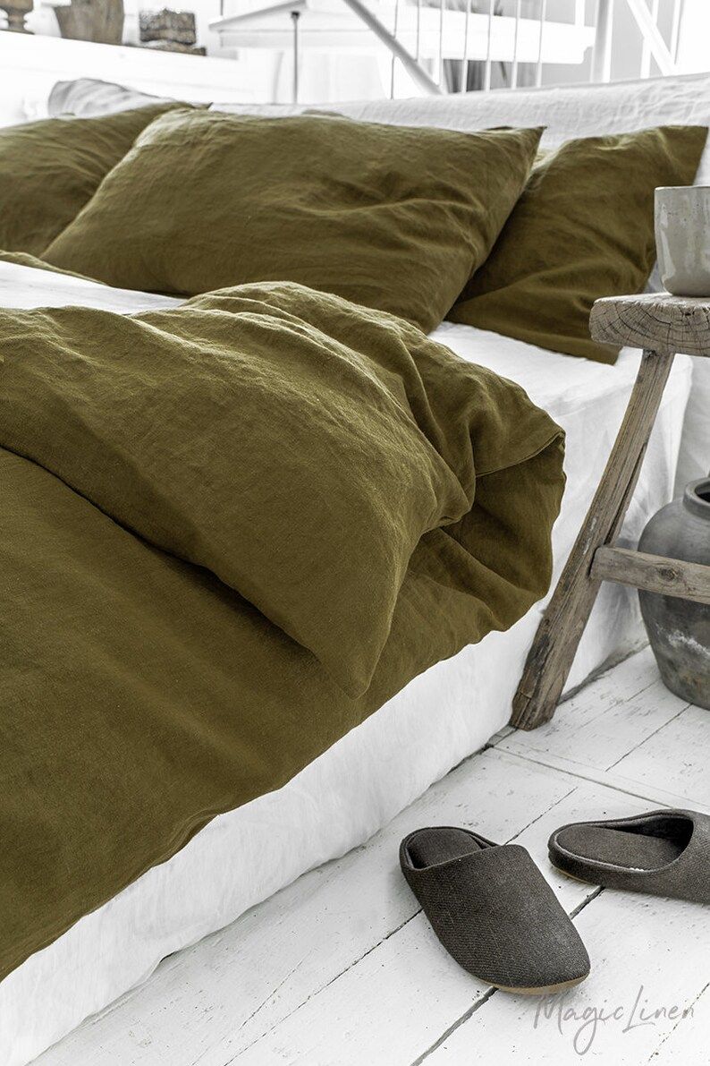 Linen bedding set in Olive Green. Linen duvet cover  2 | Etsy | Etsy (US)