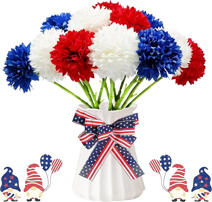 Tinsow 12 pcs Artificial Flower Patriotic Memorial Bouquet Red White and Blue Faux Ball Chrysanth... | Amazon (US)