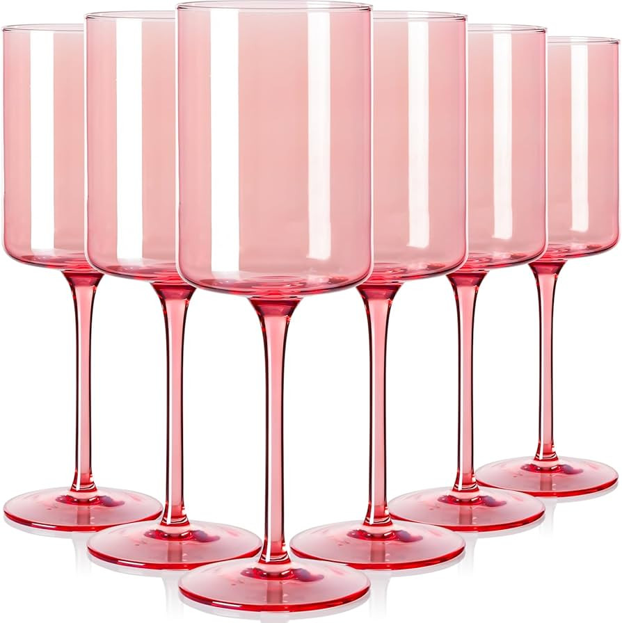 Physkoa Pink Wine Glasses Set of 6-【13oz, Unfading Color, Hand-blown】 Non-lead Crystal, Squar... | Amazon (US)