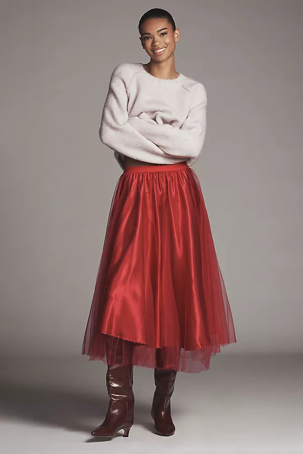 Maeve Crinkled Tulle Midi Skirt | Anthropologie (US)