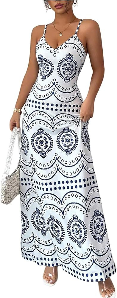 Women's Boho Print Deep V Neck Dress Summer Spaghetti Strap Beach Vacation Maxi Dresses | Amazon (US)