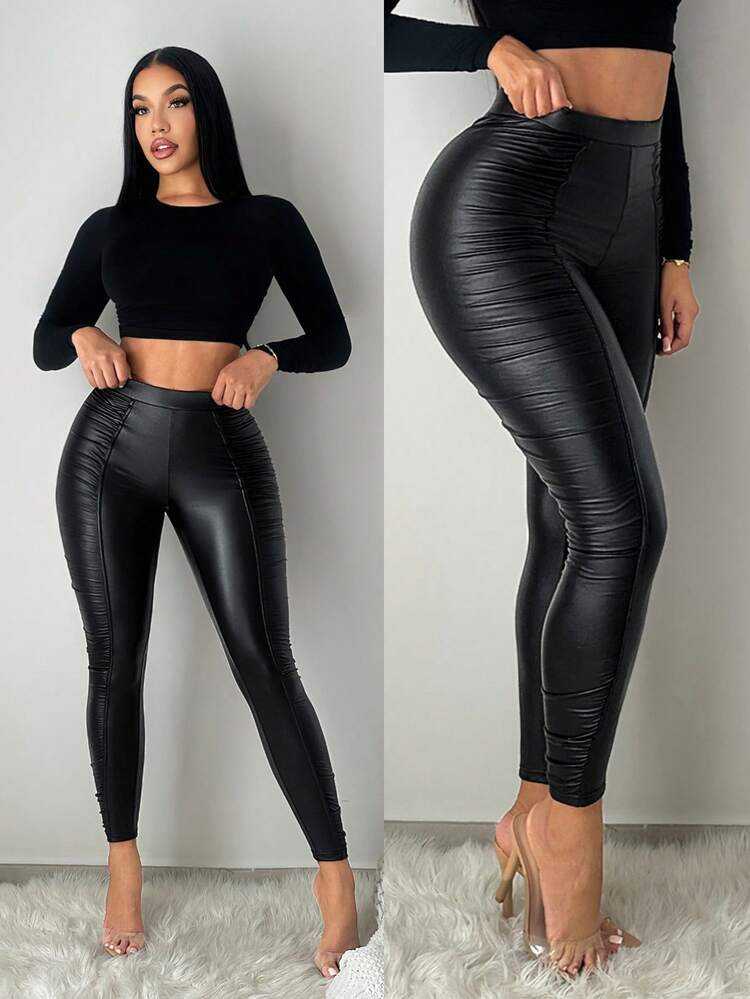 SHEIN SXY Plus Size Black High-Elastic PU Fabric High-Waisted Tight Leggings With Side Pleats,Spring/Summer Casual Vacation Bohemian Elegant Suitable For Everyday Wear, Music Festival, Concert, Carnival Party, Beach Vacation, Date Night, Birthday, Bachelorette Party, Club, Cute, Casual, Shopping, Streetwear, Going Out, Easy To Match & Looks Slim, Accent Your Body, Flatter The Figure Black Leggings Women Leather Leggings 2 Piece Sets Woman Pants Leggings For Women High Waisted 2pcs For Ladies Trending Outf | SHEIN