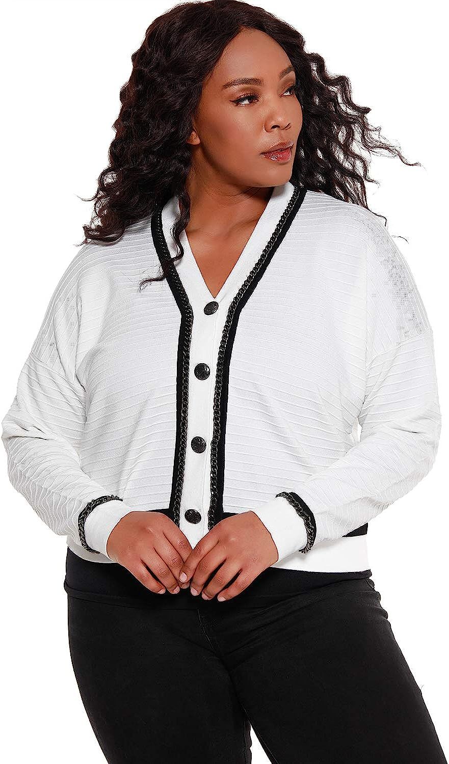 Belldini Women's Plus Size Button Front V-Neck Sweater with Chain Details | Amazon (US)