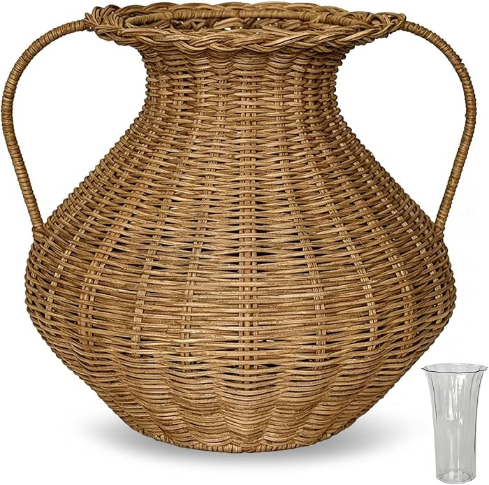 Handwoven Natural Rattan Flower Vase, Wicker Basket with Acrylic Liner, Double-Handle Nordic Styl... | Amazon (US)