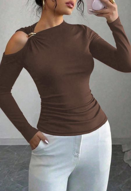 Asymmetrical Ring Detail One-Shoulder Fitted Top in Brown | Chicwish