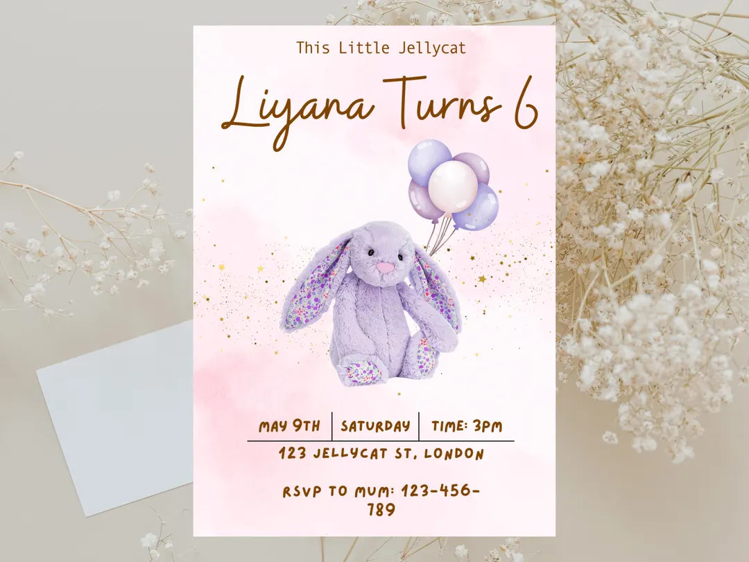 Jellycat, Purple Blossom Bunny, Jellycat Birthday, Jellycat Party, Jellycat Invite, Jellycat Invi... | Etsy (US)