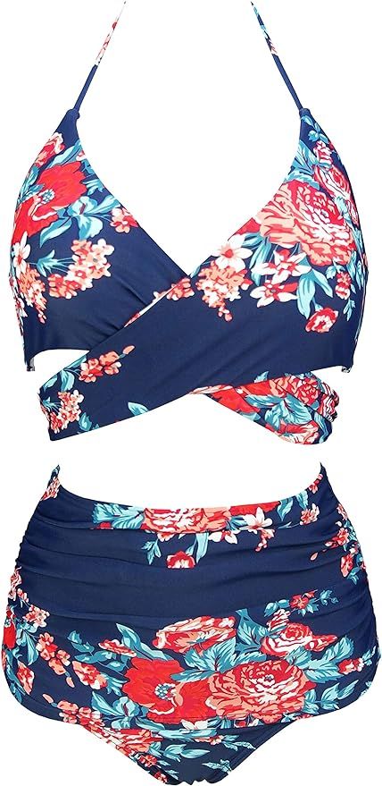 COCOSHIP Women's Ruching High Waist Bikini Set Cross Wrap Push Up Top Tie Back Bathing Swimsuit(F... | Amazon (US)