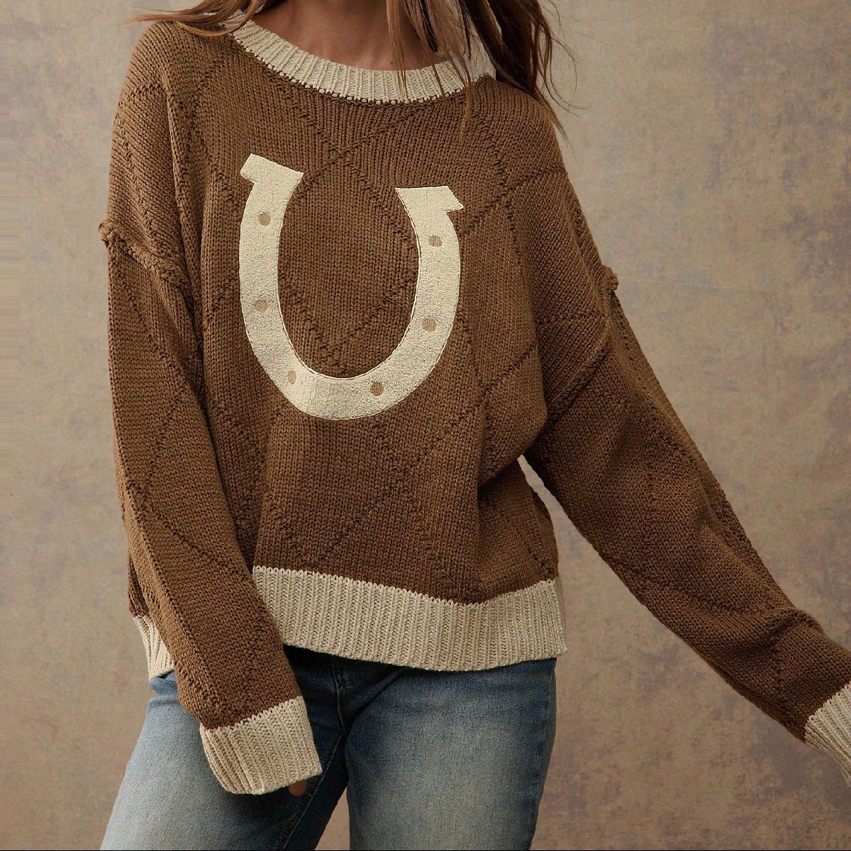 WESTFADE Diamond Stitch Crew Neck Horseshoe Embroidered Long Sleeve Colorblock Relaxed Pullover Knit Sweater Fall, Autumn, Winter, Boho, Western Wear For Women, Casual, Cute, Country Concert Outfit | SHEIN
