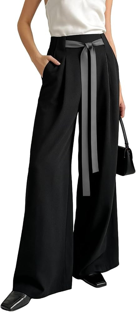 SUMABA Women's Wide Leg Pants High Waisted Casual Tie Knot Pants with Pockets Loose Business Trou... | Amazon (US)
