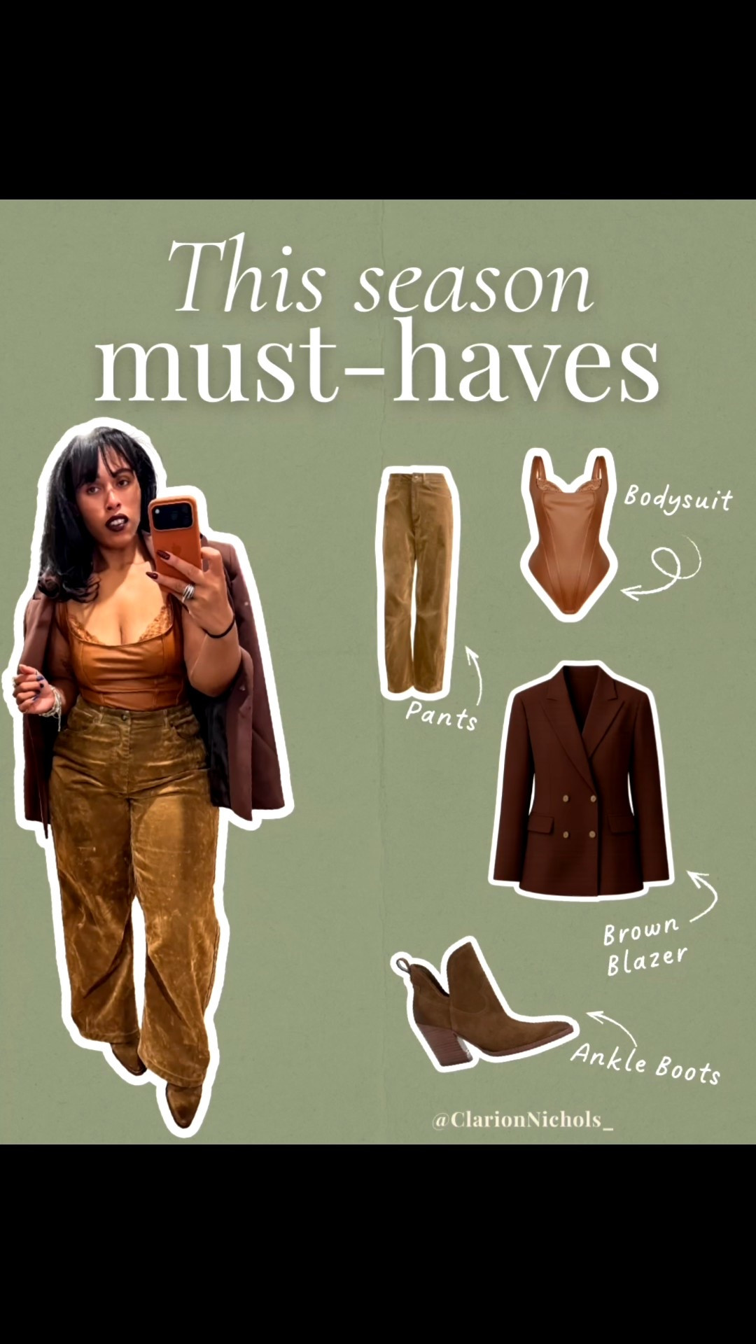 OOTN — Caramel velvet pants, faux leather bodysuit, and a brown blazer. A warm, chic winter moment ✨

#LTKgrwm #LTKPetite #LTKootd