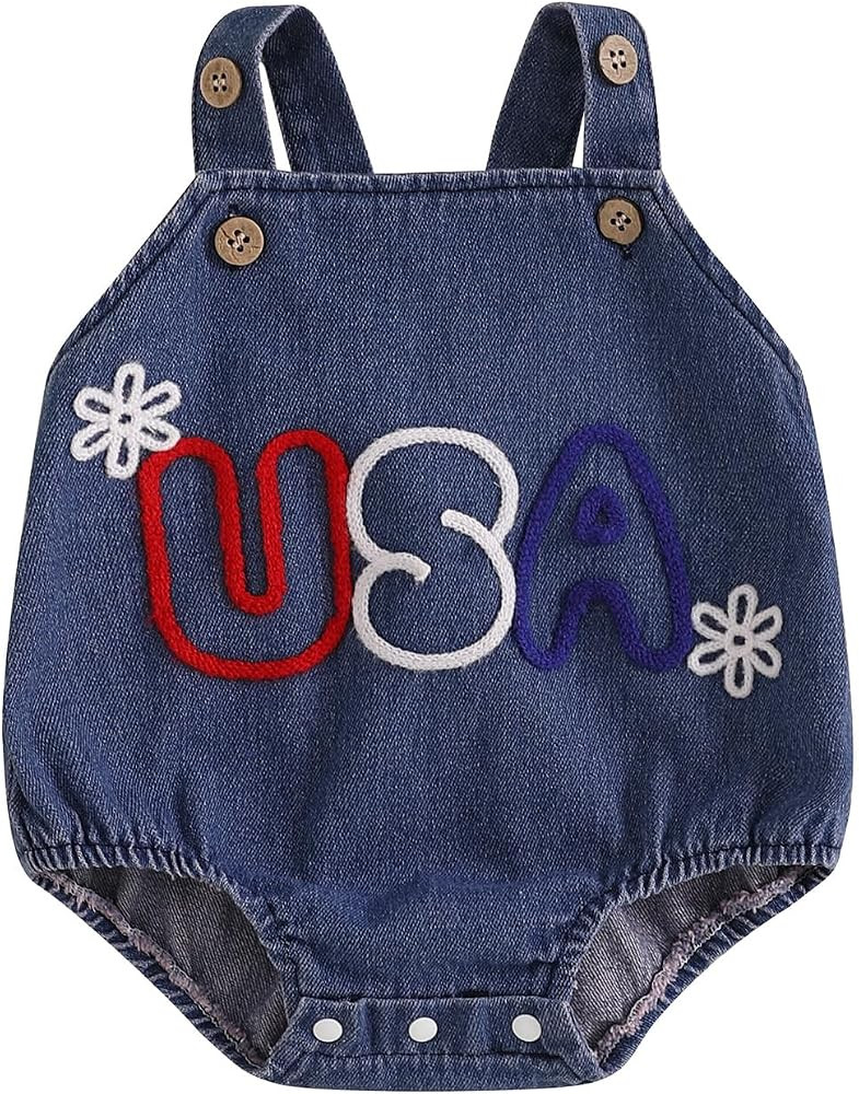 Infant Baby Girl 4th of July Outfits USA Denim Romper Sleeveless Strap Jean Bodysuit Patriotic Cl... | Amazon (US)