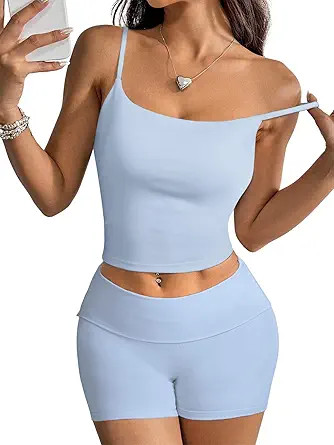 MOOSLOVER Women 2 Piece Lounge Matching Sets Padded Workout Set Cami Tank Top Fold Over Shorts Su... | Amazon (US)