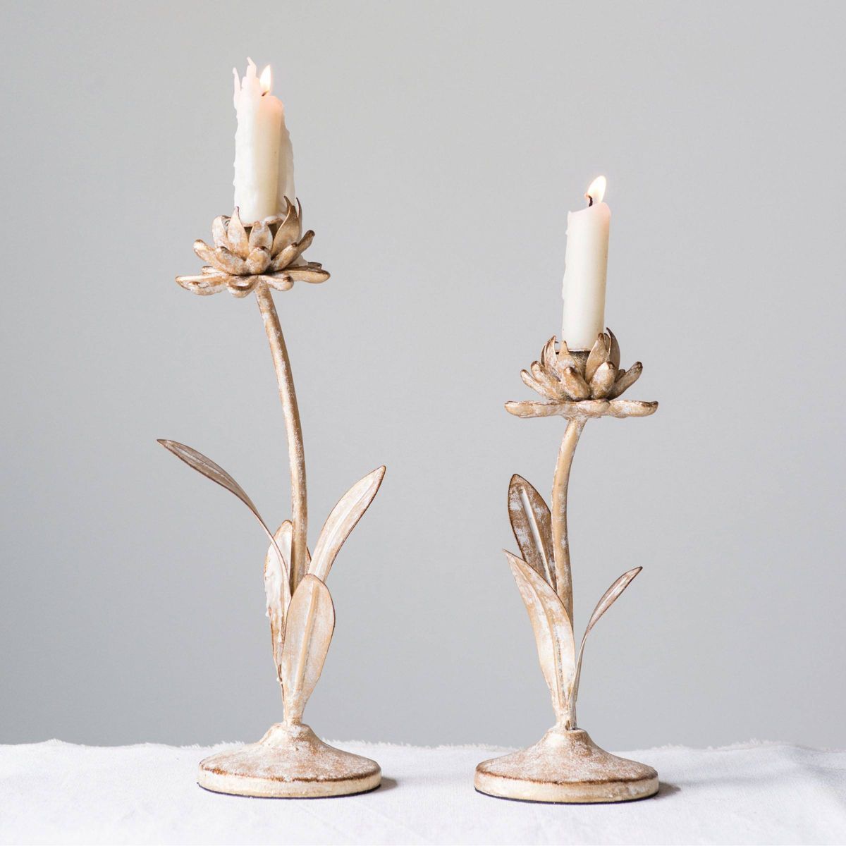 2pc Metal Taper Candle Holder Set with Flowers Gold/White - Storied Home | Target