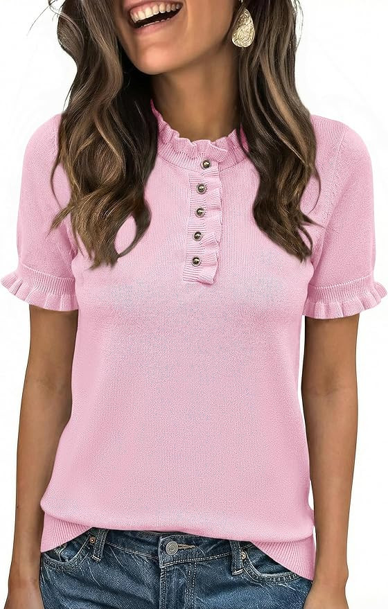 Cicy Bell Womens Puff Short Sleeve Sweater Tops Ruffle Henley Neck Spring Summer Pullover Dressy ... | Amazon (US)