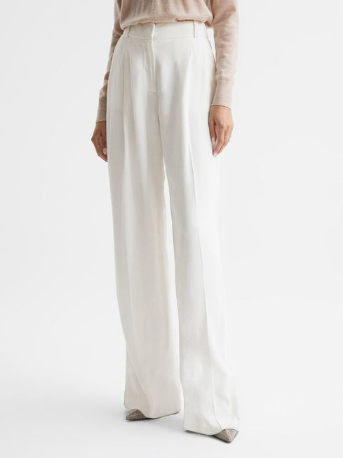 Reiss Cream Lottie Wide Leg Pleat Front Trousers | Reiss UK