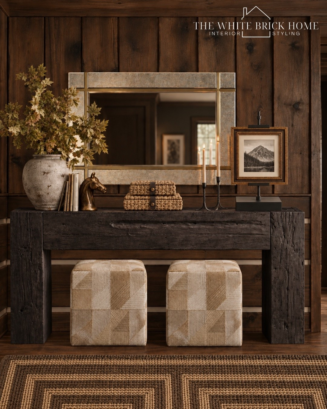 Rustic warmth meets refined sophistication in a richly layered space that feels effortlessly cozy, collected, and timeless. 

Console, console table, rustic console table, black console table, wall mirror, cube, ottoman, cozy home decor, cabin home decor, wall mirror rustic, vase, faux greenery, fall decor, autumn decor, home decor ideas, fall decor ideas, home design, entryway table, entryway decor, entryway home decor ideas, table decor styling, stacked boxes, tapers, candle stick, home decor, home accents, pottery barn, pottery barn decor ideas, home design, pottery barn, McGee and color, wayfair, quince, arhaus