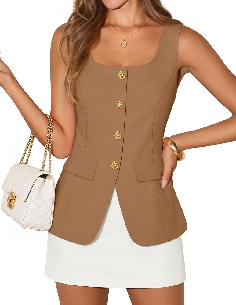 ZESICA 2026 Summer Casual Sleeveless Suit Vest for Women Square Neck Button Down Work Business Bl... | Amazon (US)