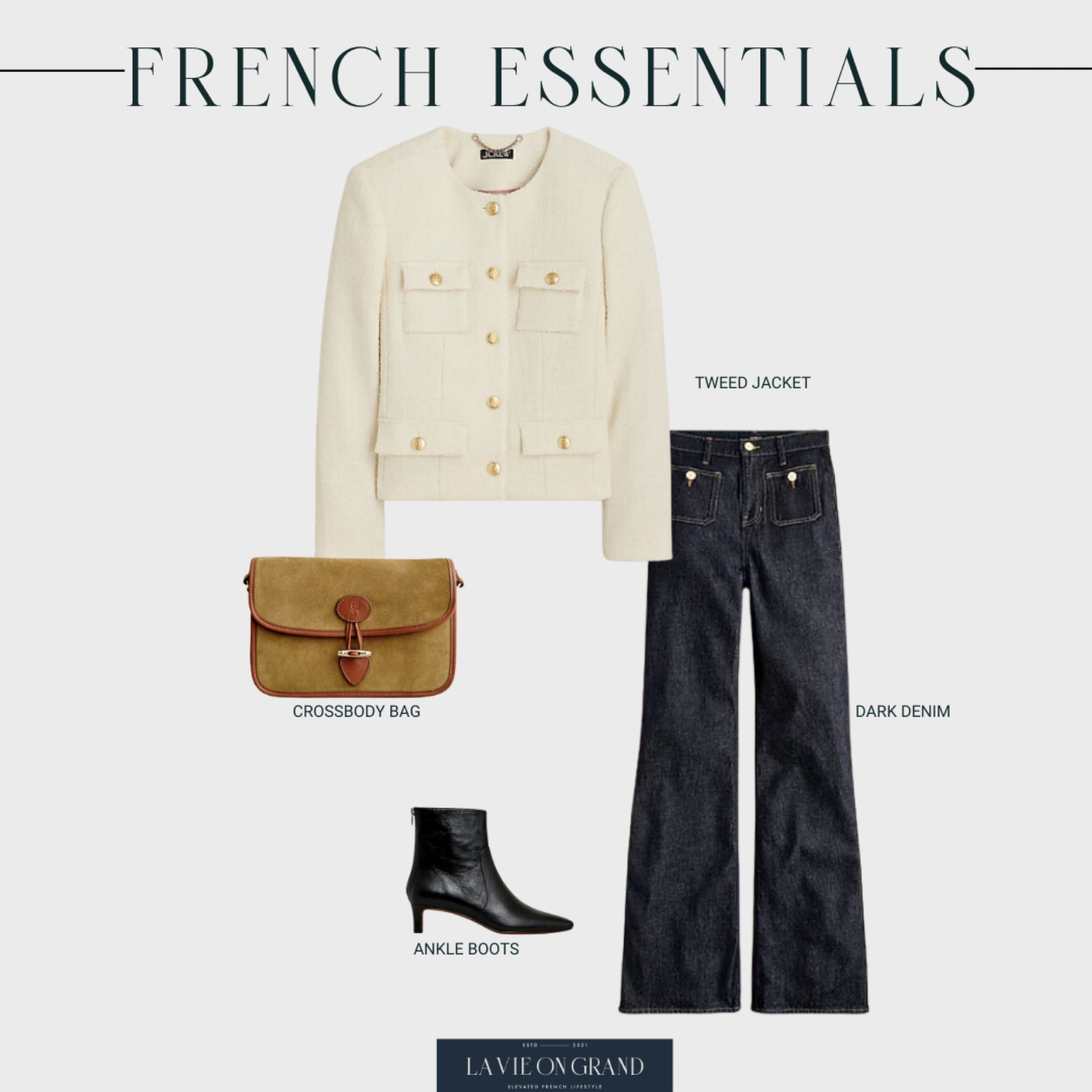 French Fall Wardrobe Essentials 
Pieces to add to your wardrobe 
Tweed Jacket 
Dark Denim 
Crossbody Bag 
Ankle boots 

#LTKStyleTip #LTKOver40 #LTKSeasonal