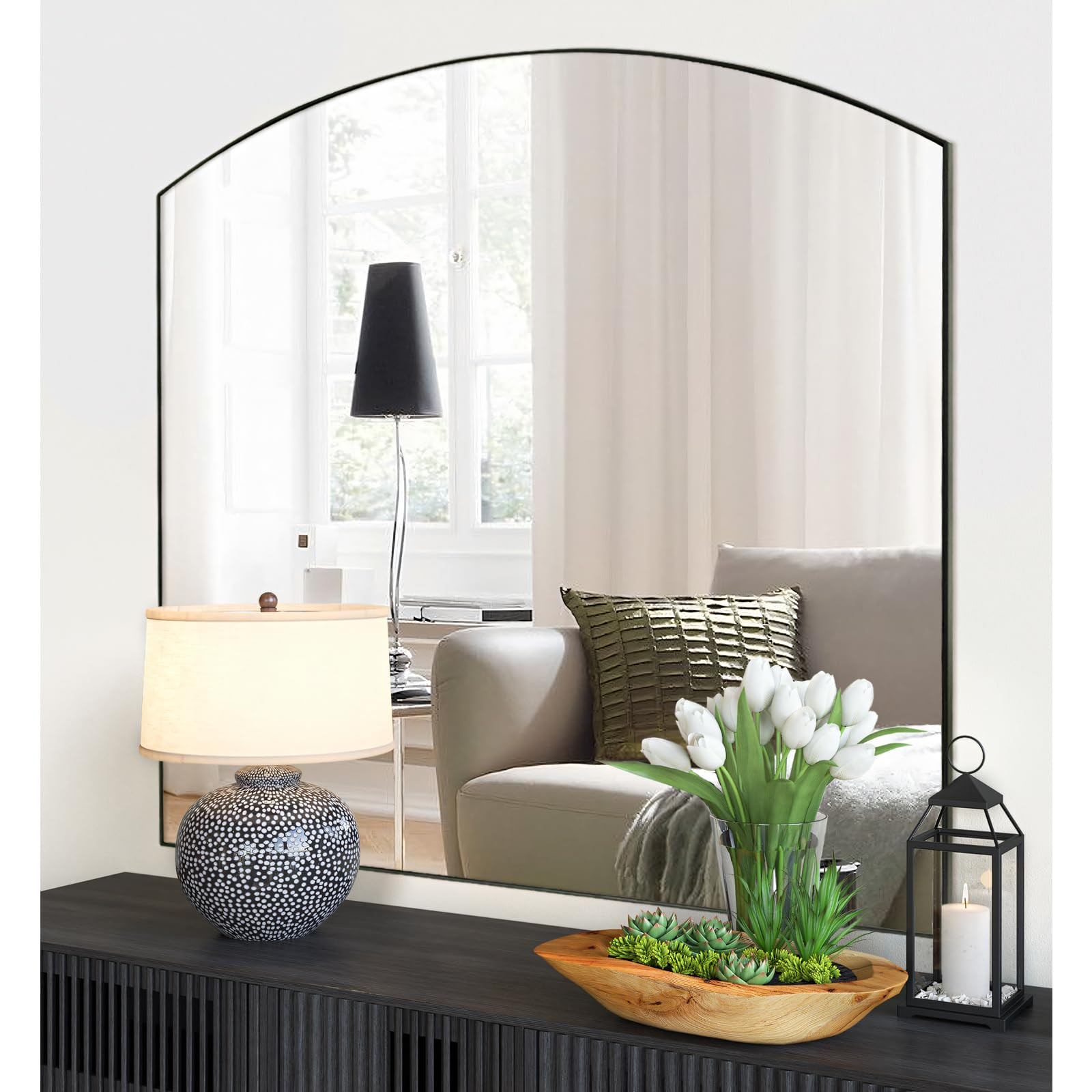 Matte Black Arched Window Mirror, 36" Metal Frame Decorative Wall Mirror, Windowpine Mirrors for ... | Amazon (US)