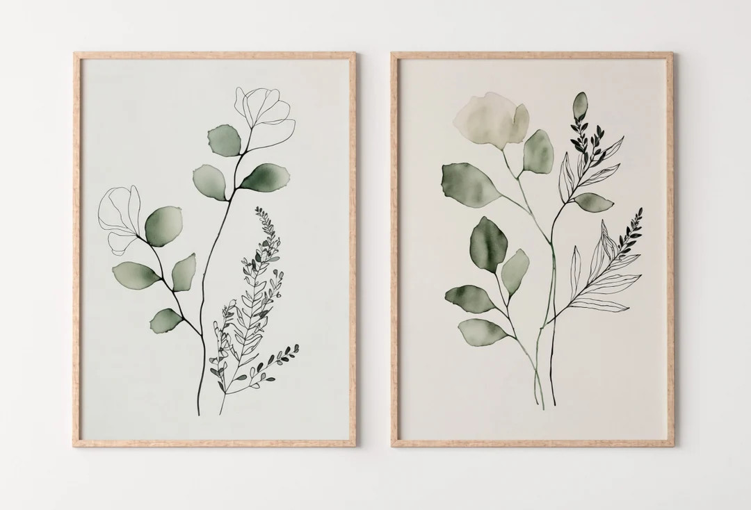 Minimal Boho Floral Prints. Botanical Prints Set of 2. Watercolor Sage Green Gallery Wall Art. Fl... | Etsy (US)