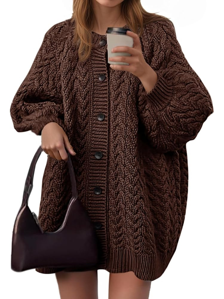 Saodimallsu Womens Cable Knit Cardigans Oversized Chunky Button Down Long Lantern Sleeve Crew Nec... | Amazon (US)