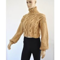 Beige Turtleneck Knit Sweater, Cowl Neck Sweater Women, Chunky Cropped Long Sleeved, Cable Knit, Han | Etsy (US)
