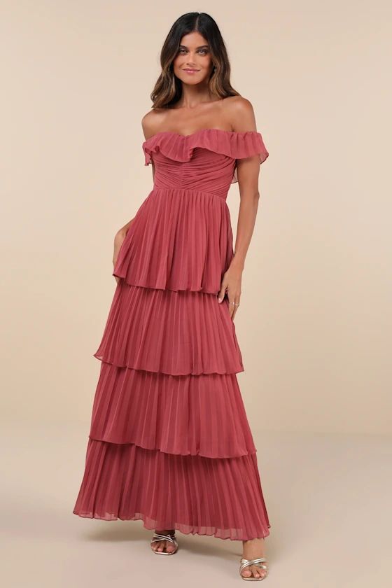 Always Remarkable Rusty Rose Pleated Off-the-Shoulder Maxi Dress | Lulus