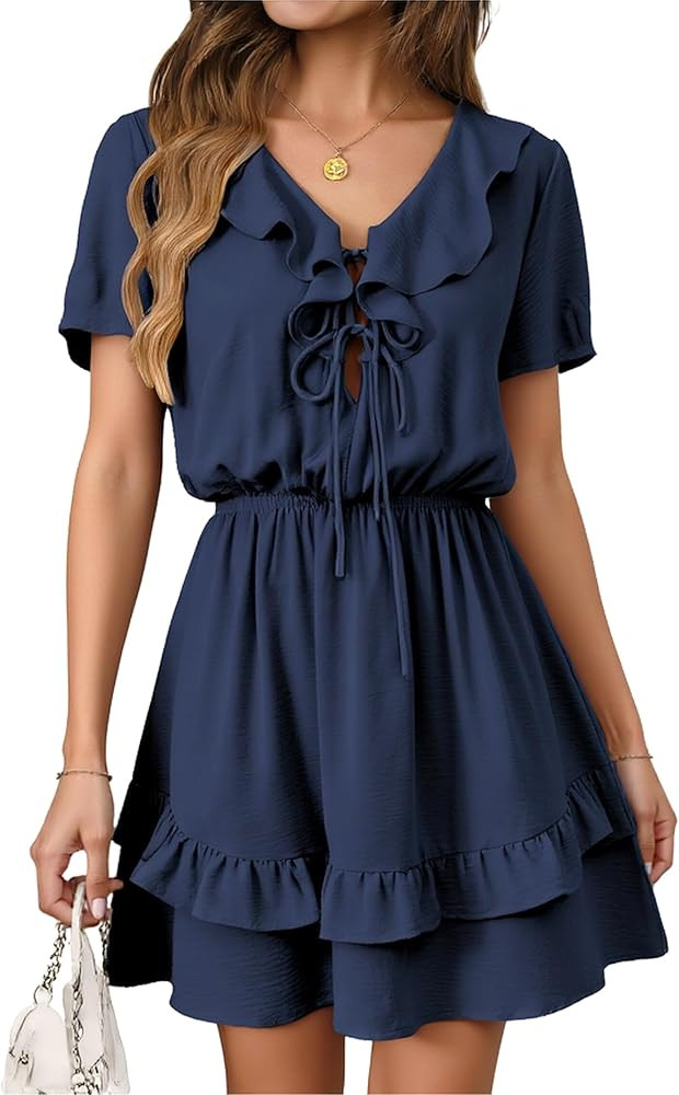 Angashion Womens Tie Front Mini Dress: V Neck Long Sleeve Layer Ruffle Hem Dress with Pockets | Amazon (US)