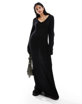 4th & Reckless boucle knit v neck knitted maxi dress in black | ASOS | ASOS (Global)