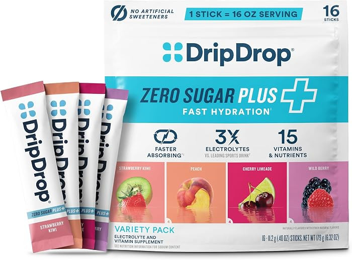 DripDrop Zero Sugar Plus Electrolyte Powder Packets, Variety Pack, 16 Count | Amazon (US)