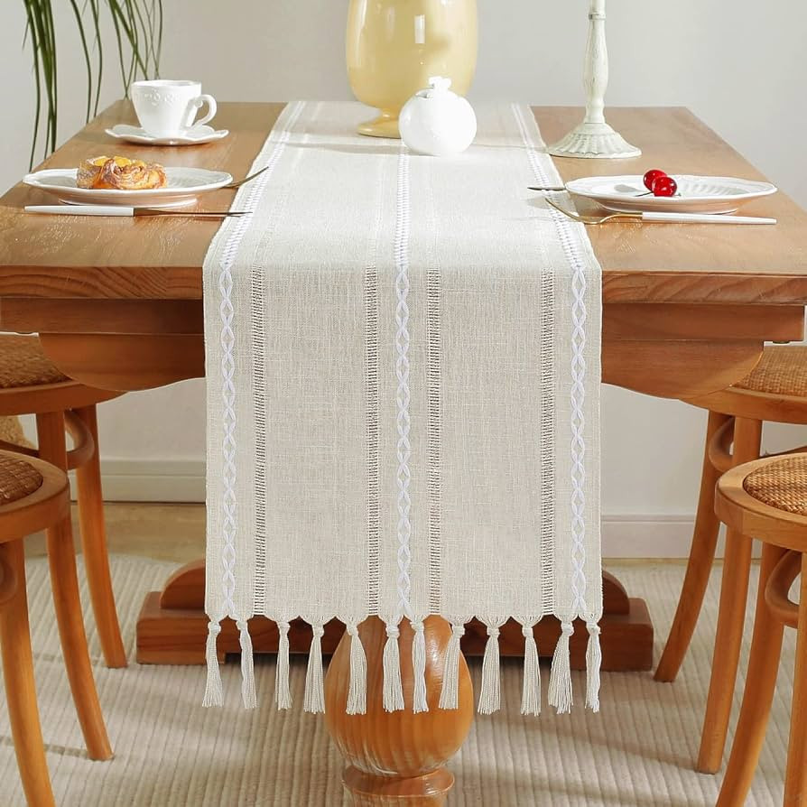 Laolitou Rustic Table Runner with Tassels, Cotton Linen Table Decoration for Holiday Party, Farmh... | Amazon (US)