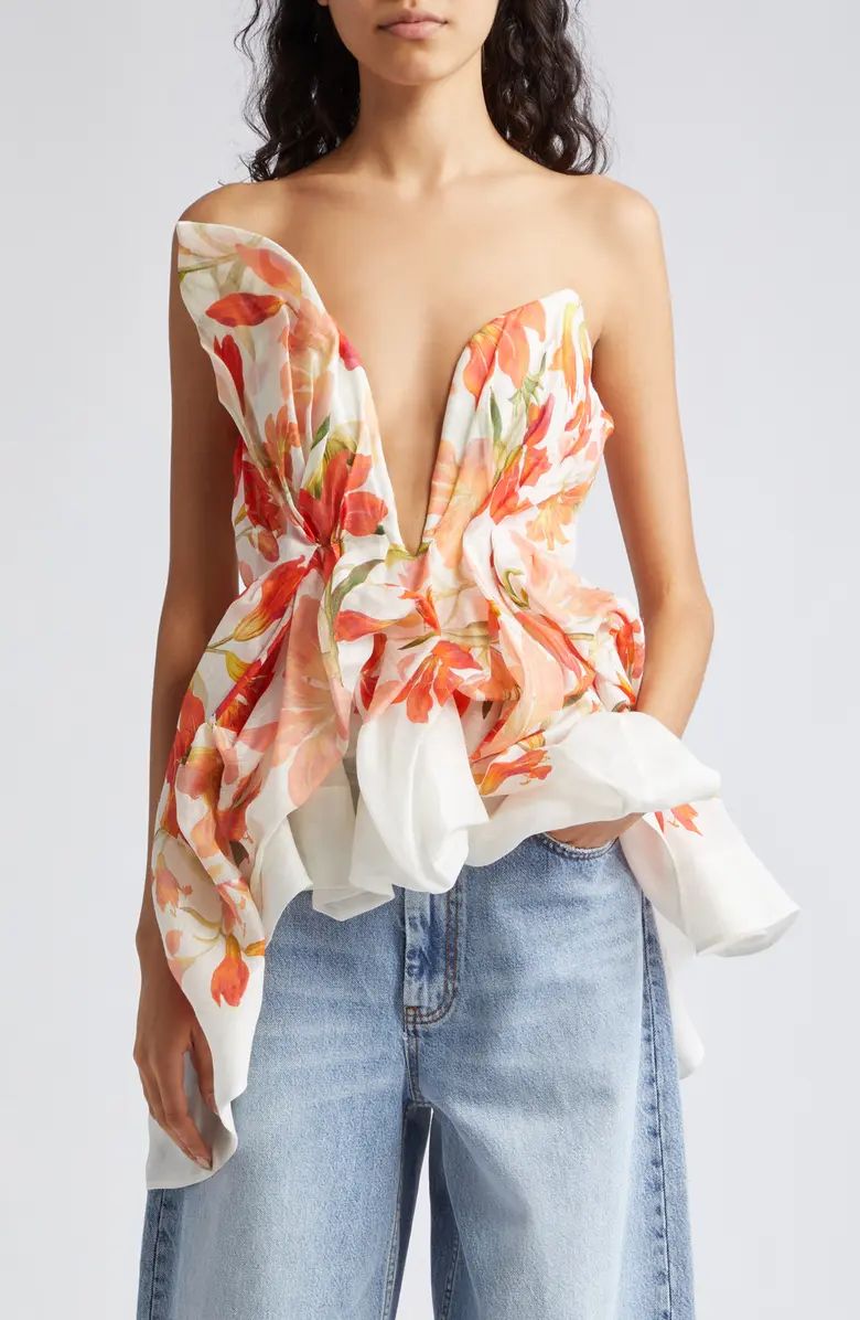 Zimmermann Tranquility Floral Strapless Linen & Silk Peplum Top | Nordstrom | Nordstrom