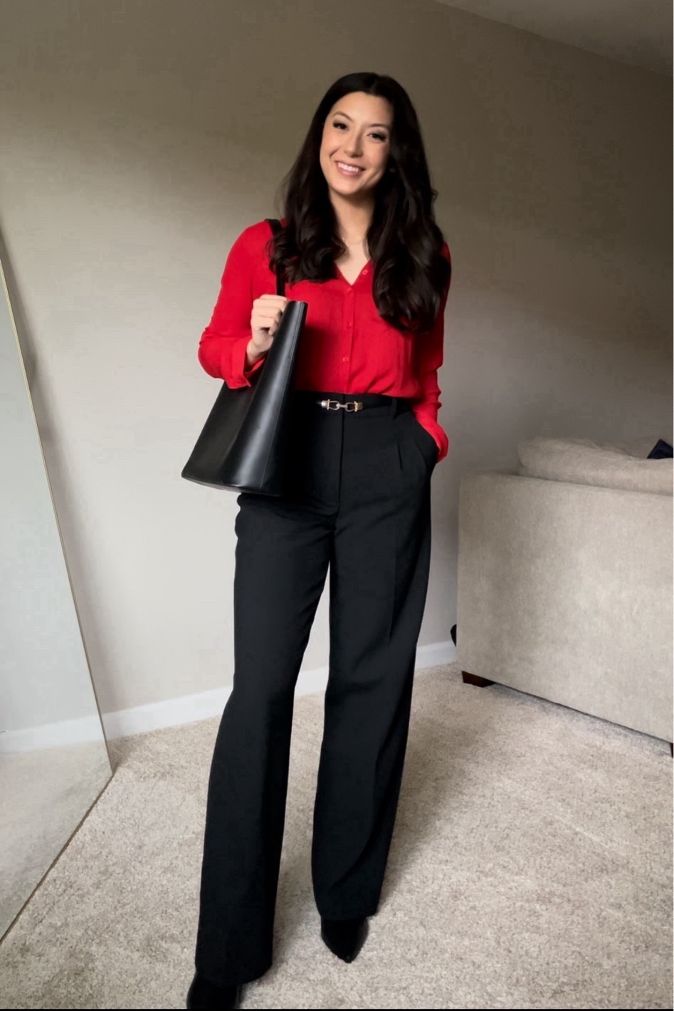 Red & black workwear 

• Button up red shirt xs - old express shirt “Portofino” style, linked their new version in red! 
• Black trousers size 6 regular - aritzia effortless pants in (Re)essential fabric, black, love these they have such a nice tailored fit in my opinion they are worth the hype! Run a little bit long if you want to wear flats (I’m 5’6 and I am considering tailoring them around 1 inch) 
• Everlane work tote - linked similar options at 2 price points
• Kitten heel black booties - sold out linked similar pair at Nordstrom on sale for under $100 

Office outfit / workwear / office wear / classic style / work trousers 

#LTKfindsunder100 #LTKstyletip #LTKworkwear