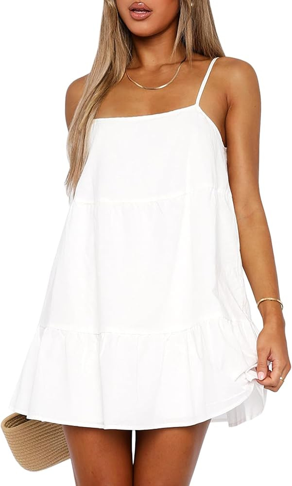 Flowy Short Sundress Mini Babydoll Dresses for Women Going Out Tiered Ruffle Beach Spaghetti Stra... | Amazon (US)