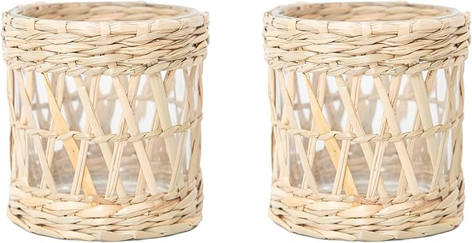 Rustic Cattail Woven Tea Light Holder, Seagrass Glass Candle Holder, Table Candle Holder Decor, V... | Amazon (US)