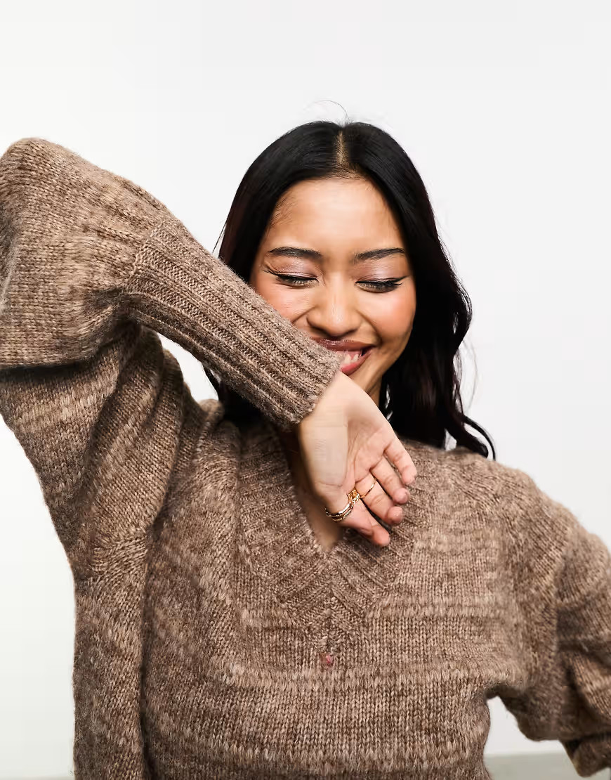 Only v neck balloon sleeve textured sweater in brown | ASOS (Global)