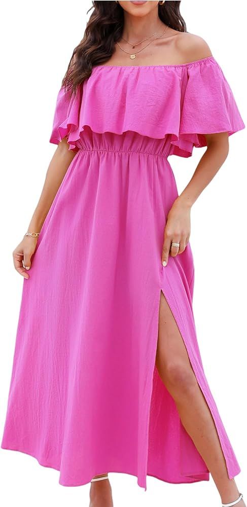 CUPSHE Women's Dresses for Summer A Line Dresses Off Shoulder Ruffle Maxi Tropical Printed Dress | Amazon (US)