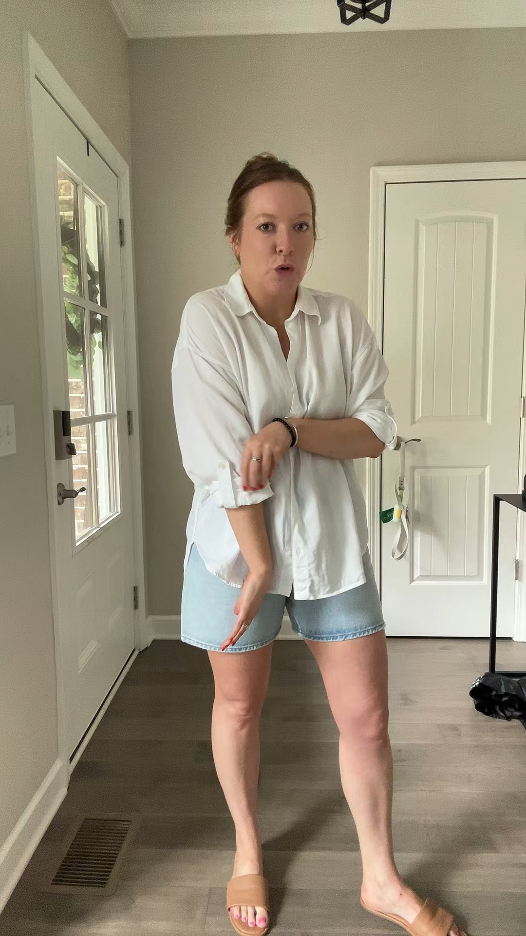 White button down / oversized wearing a small
Long denim shorts / tts wearing 29
Nice sandals / tts

#LTKdayinmylife #LTKootd #LTKWorkwear