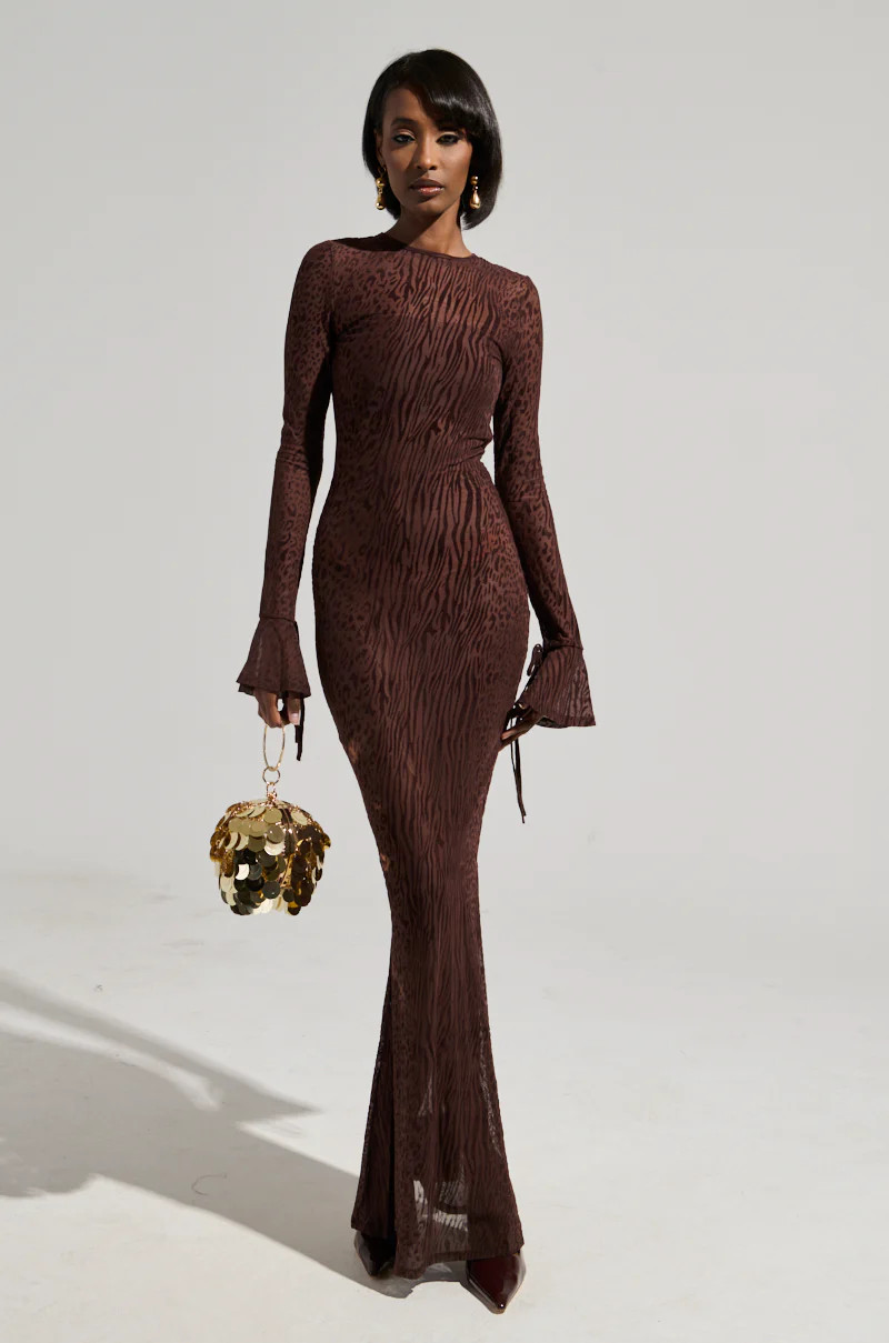 MY GOOD SIDE LEOPARD MESH MAXI DRESS IN BROWN | AKIRA