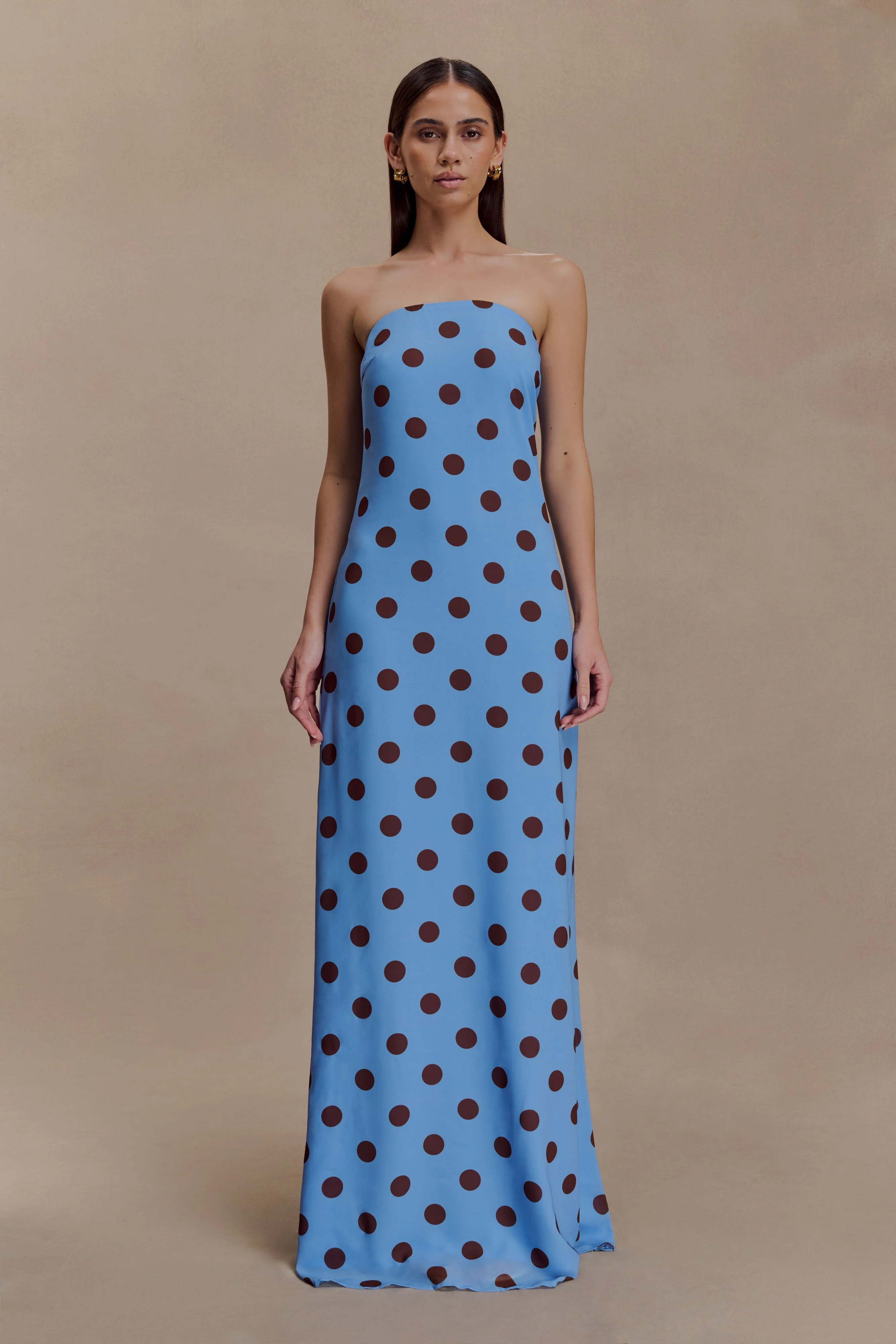 Amaya Strapless Chiffon Maxi Dress - Blue Polka Dot | Meshki UK