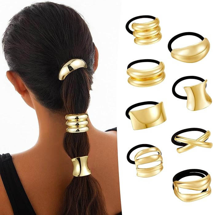 CWJCYTNSN 8 PCS Gold Hair Ties for Women Elastic Metal Hair Ties Ponytail Cuffs Holders for Thick... | Amazon (US)