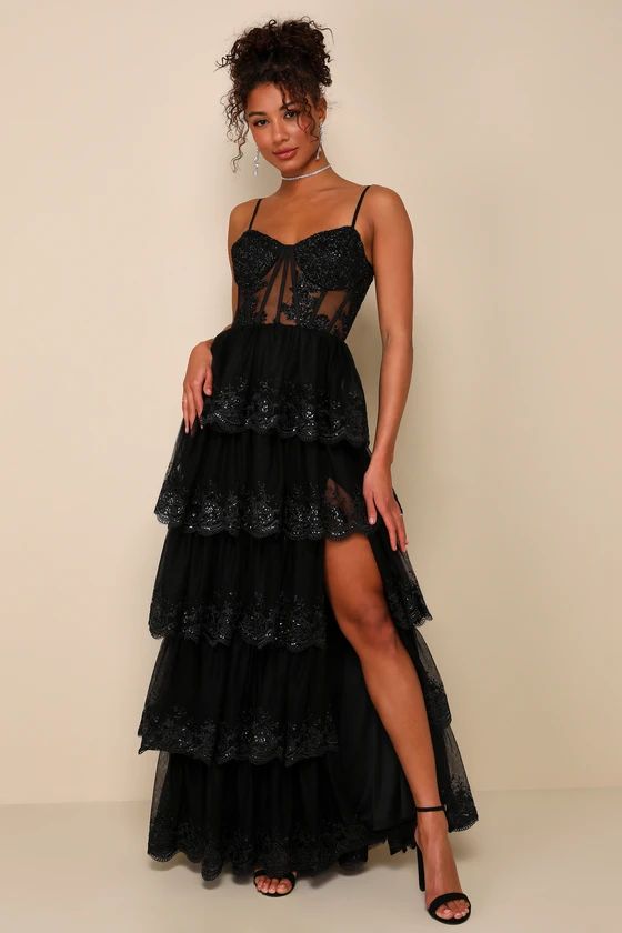 Alluring Sensation Black Tulle Embroidered Tiered Maxi Dress | Lulus